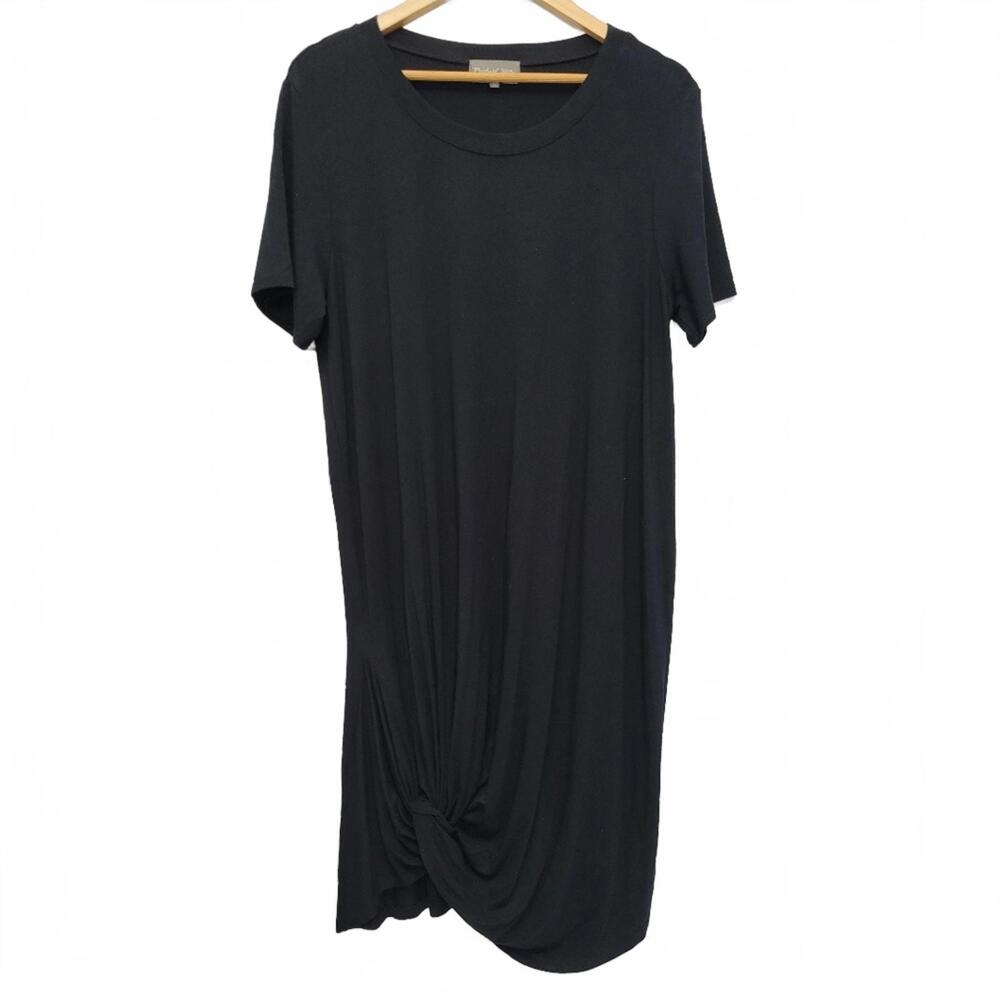 MICHAEL STARS Navy Blue Short Sleeve Jersey Knit Dress midi length draped hem